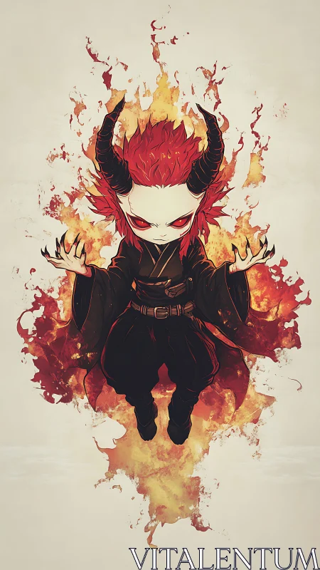 Horned chibi figure in black robes surrounded by flames.