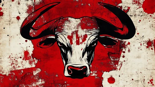 Bold bull portrait on gritty red and cream canvas.