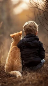 Child and ginger cat share a quiet moment together in nature.