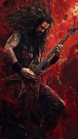 Metal guitarist shreds against a blazing abstract backdrop.
