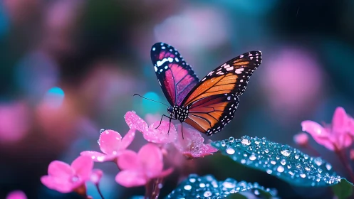 Monarch butterfly rests on dewy pink blossoms in neon bokeh field