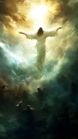 Robe-clad central figure ascending through luminous clouds.