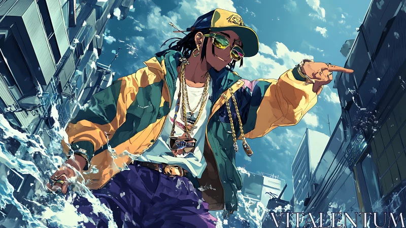 Streetwear rapper strides through rising urban water wave