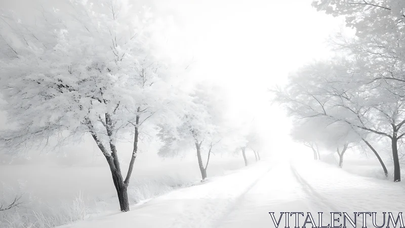 Winter road vanishing into bright frozen white forest.