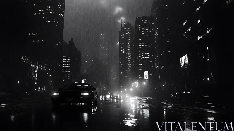 Noir city boulevard under rain with lone idling car.