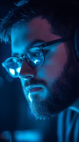 Blue glow of late night focus on a thoughtful gamer.