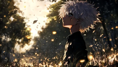 White-haired boy stands in glowing forest dusk light