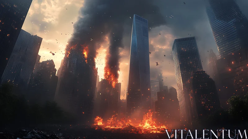 Skyscraper inferno engulfs dystopian city under stormy sky