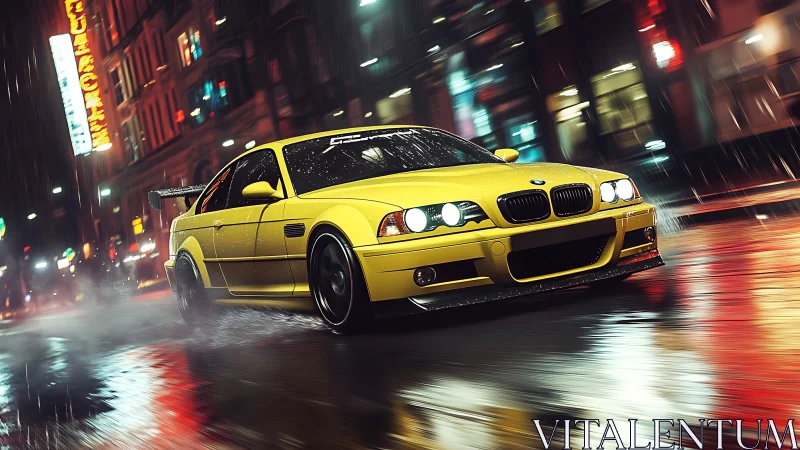 Yellow sports sedan moves through wet neon city street