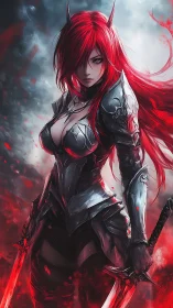 Armored demoness warrior wields dual crimson energy blades in storm