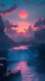 Pink sun illuminates misty canyon river and waterfalls