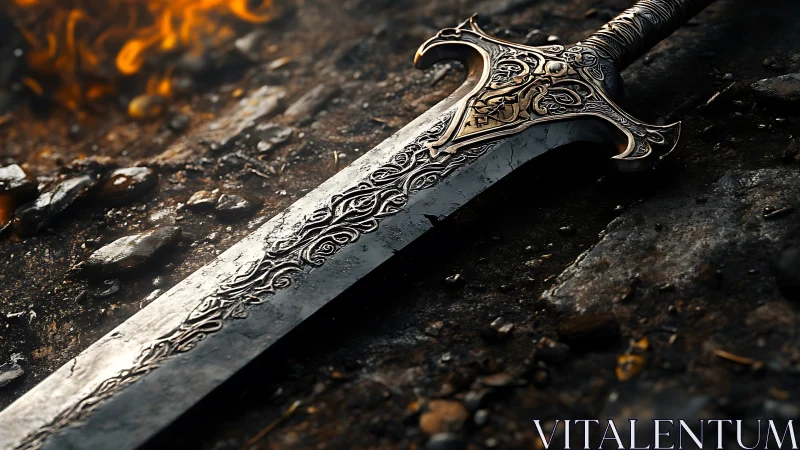 Ornate fantasy sword rests on scorched battlefield ground