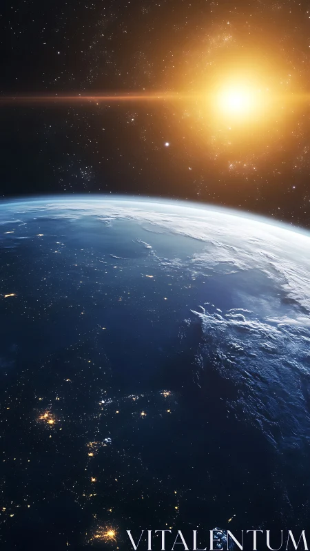 Earth limb, city lights and sun over space horizon viewed.