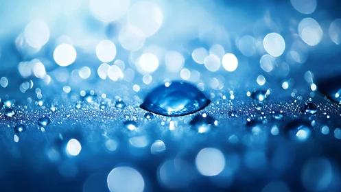 Shimmering macro droplet in luminous blue bokeh field.