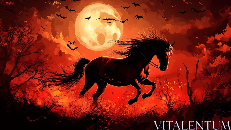 Midnight stallion races through fiery moonlit forest scene.