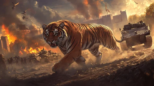Tiger strides through burning battlefield amid advancing tanks
