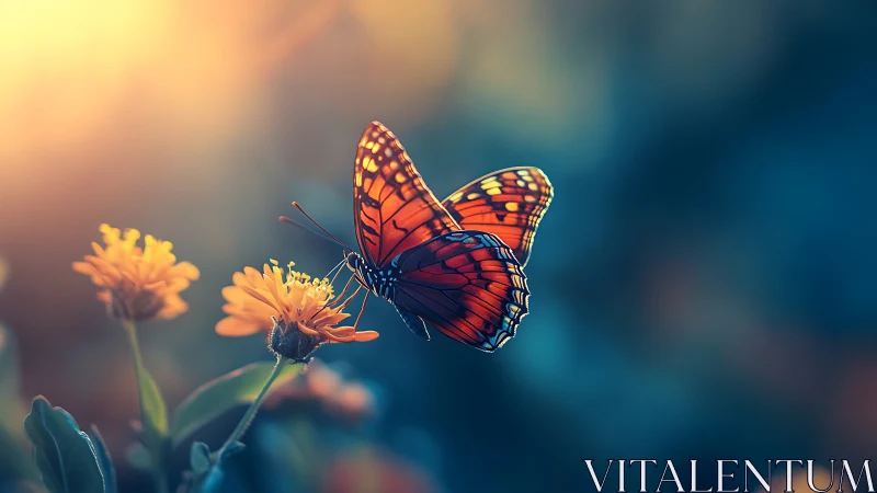 Monarch butterfly rests on sunlit flower at golden hour