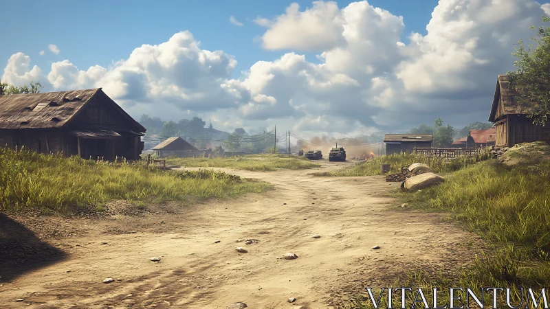 Sunlit country lane meets quiet convoy in rustic village.