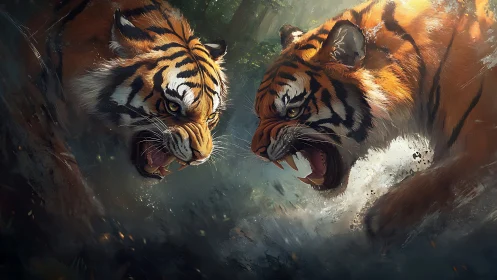 Two tigers confront each other in an aggressive display.