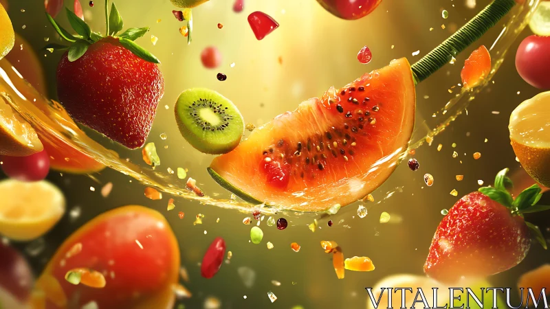 Digital painting of dynamic splash composition with fruit forms.