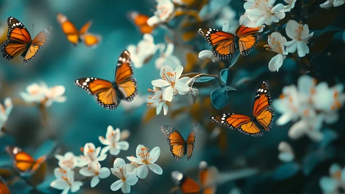 Monarch butterflies over teal blossoms in soft spring light.