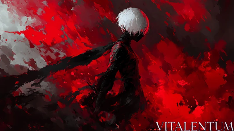 White haired silhouette amid kinetic crimson brushwork.