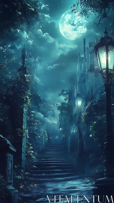 Moonlit ivy stairway whispers through the midnight mist.