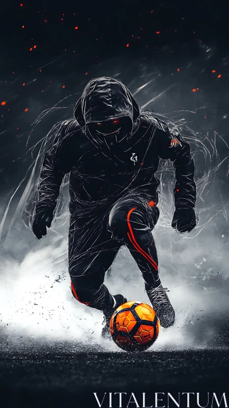 Hooded cyber striker dribbling neon orange ball through spray