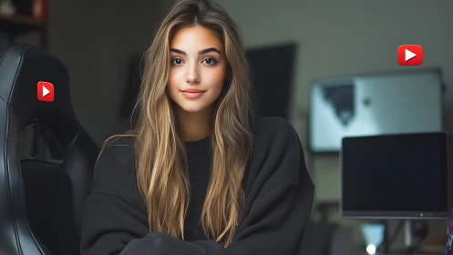 Warm young creator relaxing in a cozy streaming setup.