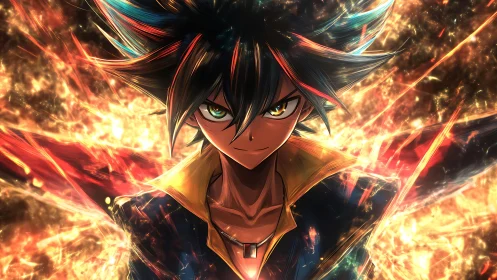 Blazing anime hero stands confident in a storm of fiery light