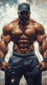 Hypertrophied bearded figure in stylized anatomical rendering.