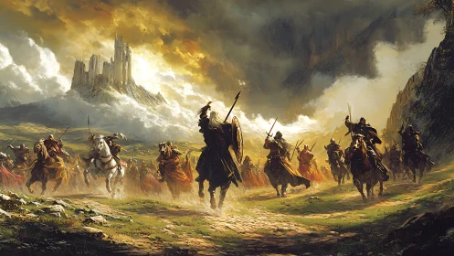 Medieval cavalry charge toward distant stormlit fortress.