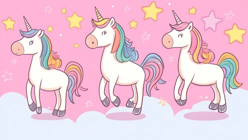 Three cartoon unicorns stand on clouds under starry sky