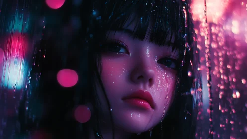 Neon drenched girl gazes through rain streaked window