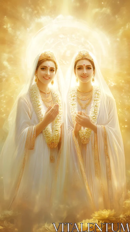 Divine twin goddesses in radiant golden celestial light.