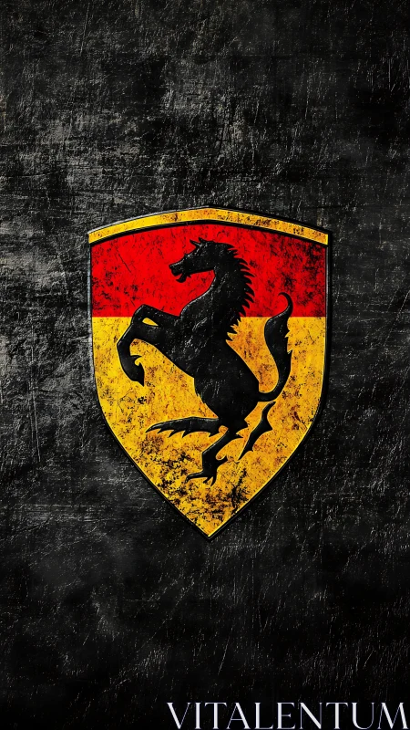 Weathered prancing horse heraldic shield on distressed textured wall