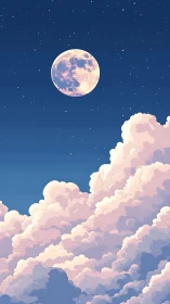 Luminous full moon above pastel cumulus cloudscape horizon.