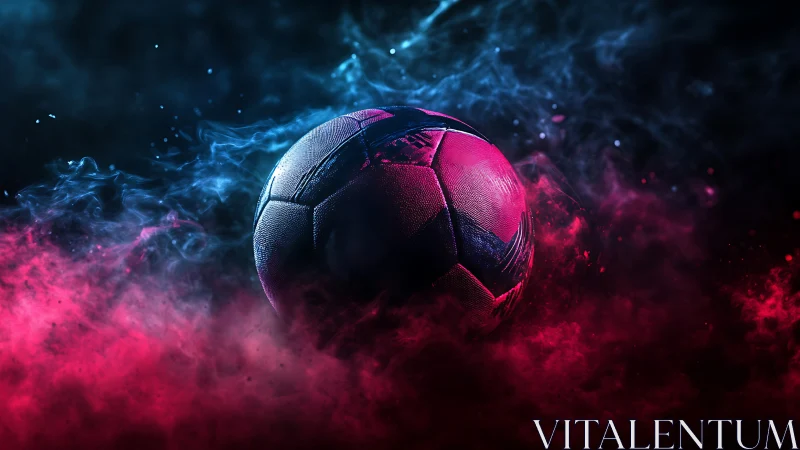 Luminous soccer ball amid neon smoke in dynamic contrast.