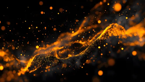Abstract glowing orange particles wave on black background in motion.