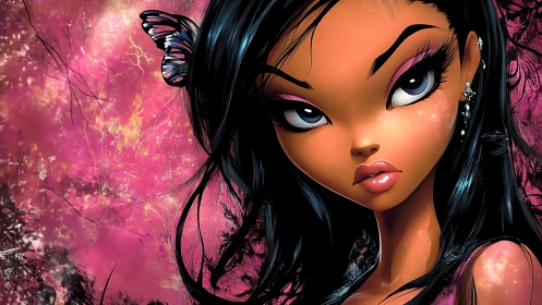 Butterfly-eyed neon muse gazing through electric petals.