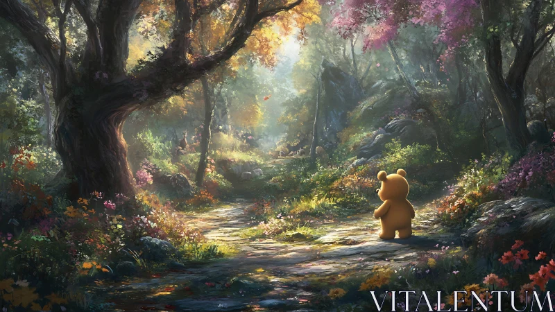 Bear explores sunlit forest path through vivid spring bloom