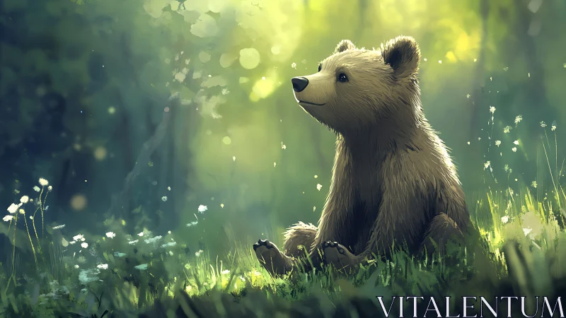 Gentle bear cub rests in a glowing, enchanted forest meadow.