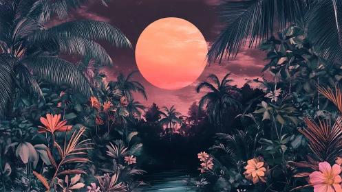 Digital painting of tropical moonlit jungle with neon flora.
