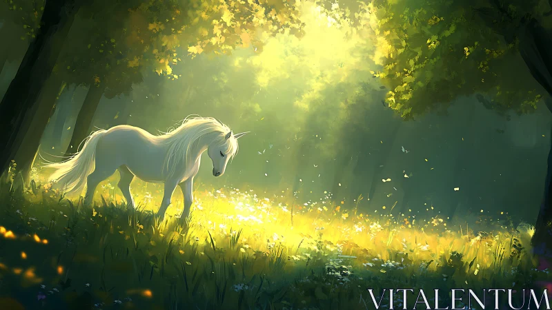 Luminous unicorn wandering through a sunlit forest glade.