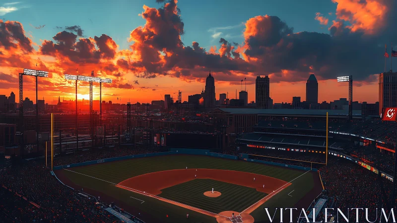 Sunset-lit baseball stadium frames dramatic urban skyline