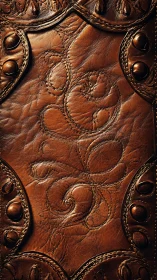 Tooled brown leather panel with ornate stitched scrollwork.