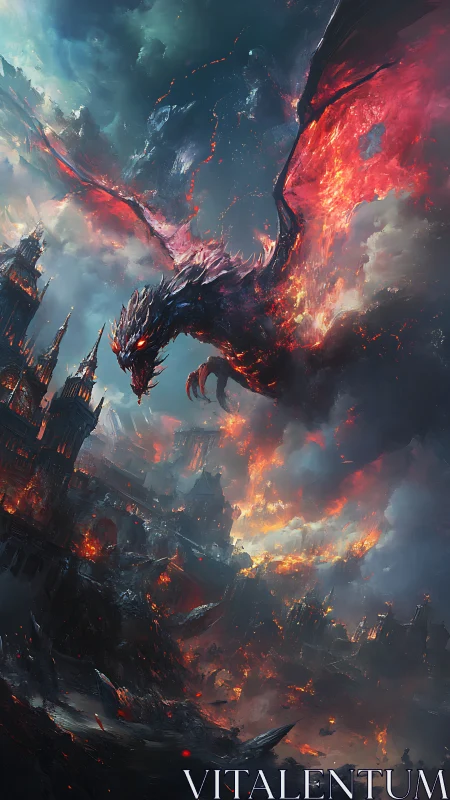 Volcanic dragon engulfs gothic citadel in high-contrast inferno sky