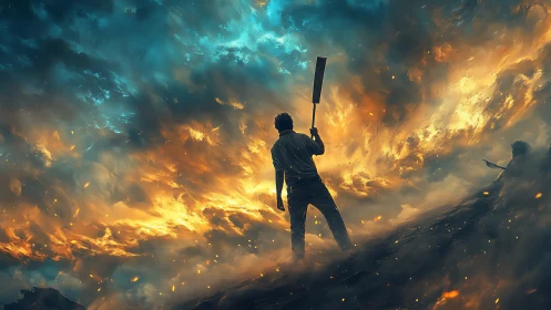 Storm-rower ascends through blazing sky-river of fire and mist.