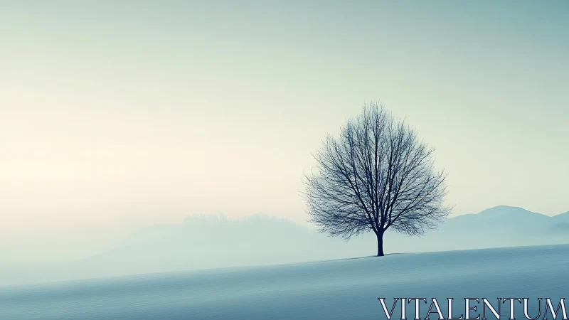 Solitary winter tree in serene snowy landscape, minimalist style.