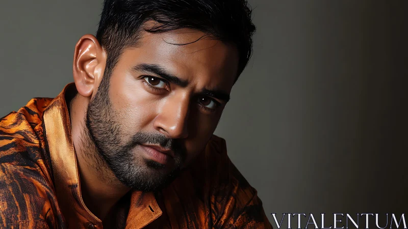 Warm, thoughtful portrait of man in patterned orange shirt.